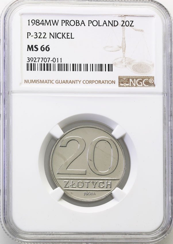 PRL. PRÓBA Nikiel 20 złotych 1984 nominał NGC MS66